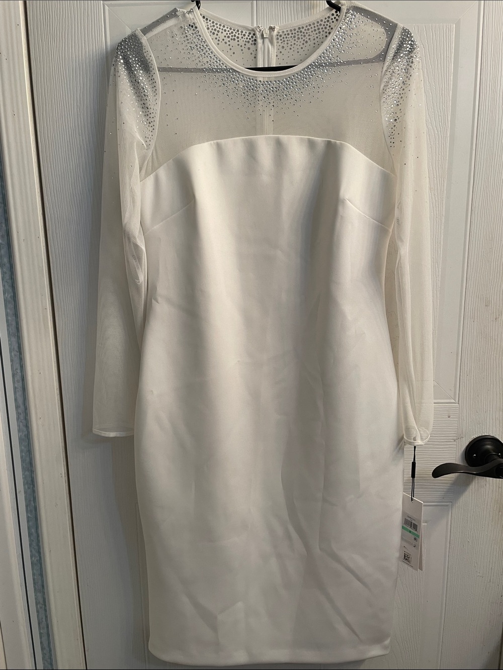 Calvin Klein White Long-Sleeve Sheath Dress with Rhinestone Mesh Yoke